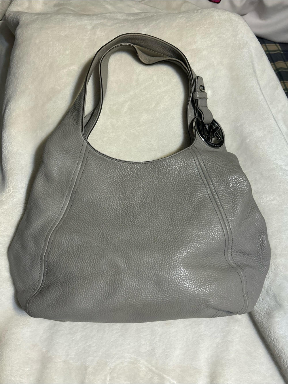 Michael Kors Gray Pebbled Leather Shoulder Hobo with MK Charm